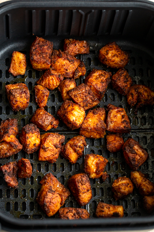 cubed salmon in an air fryer