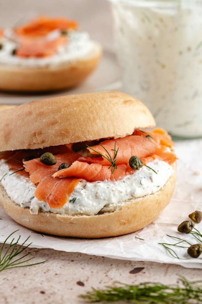 Cottage Cheese Caper Dill Dip on Bagel Sandwich with Lox