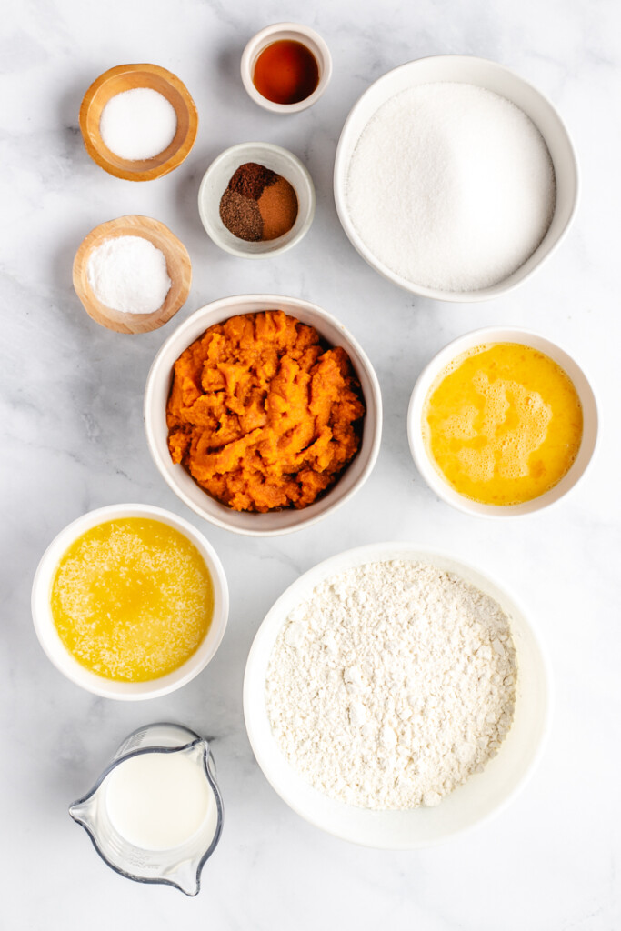 Ingredients for making Pumpkin Bread in bowls