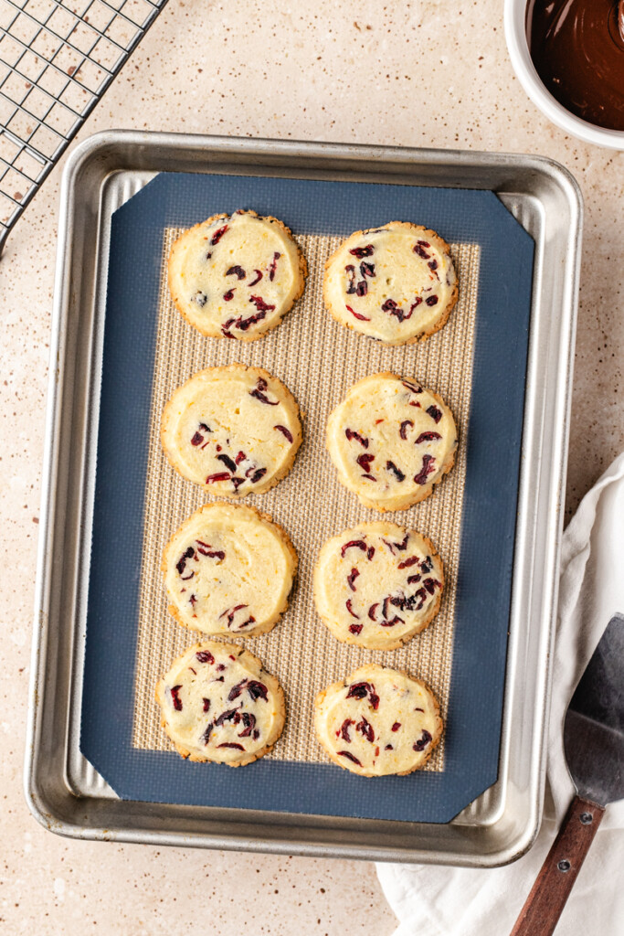 Baked Shortbread Cookies with Orange & Cranberry on baking sheet with bowl of melted chocolate