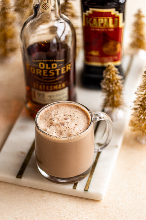 spiked hot chocolate in a glass mug