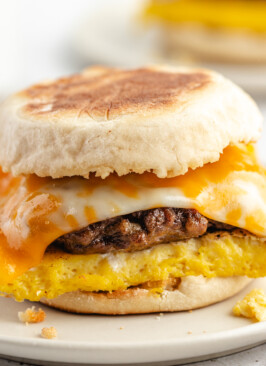 Venison Breakfast Sandwich with English muffin, egg, venison sausage patty and cheese