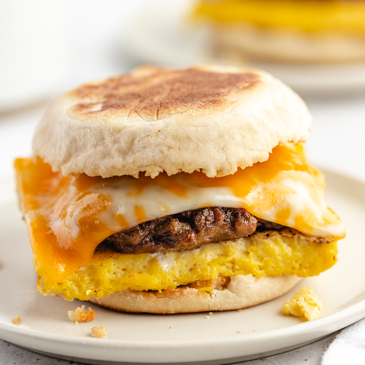 Venison Breakfast Sandwich with English muffin, egg, venison sausage patty and cheese