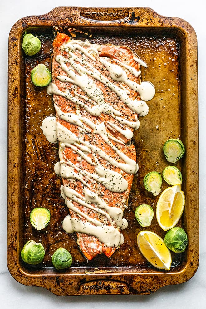 Easiest Baked Salmon With Lemon Tahini Sauce