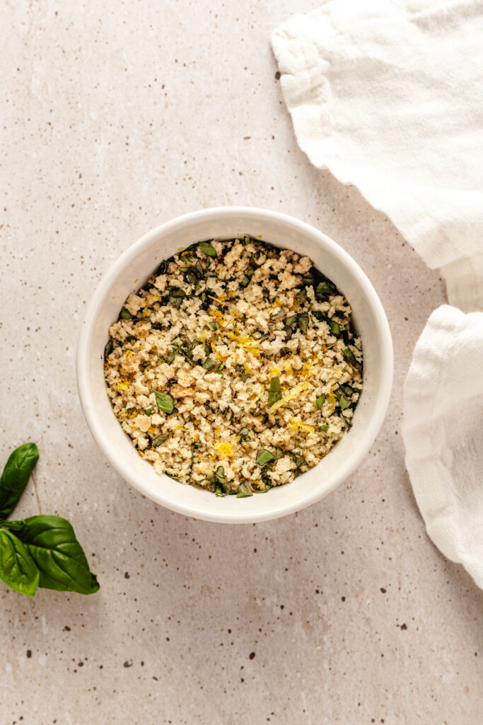 Lemon and Basil Breadcrumbs in a white bowl