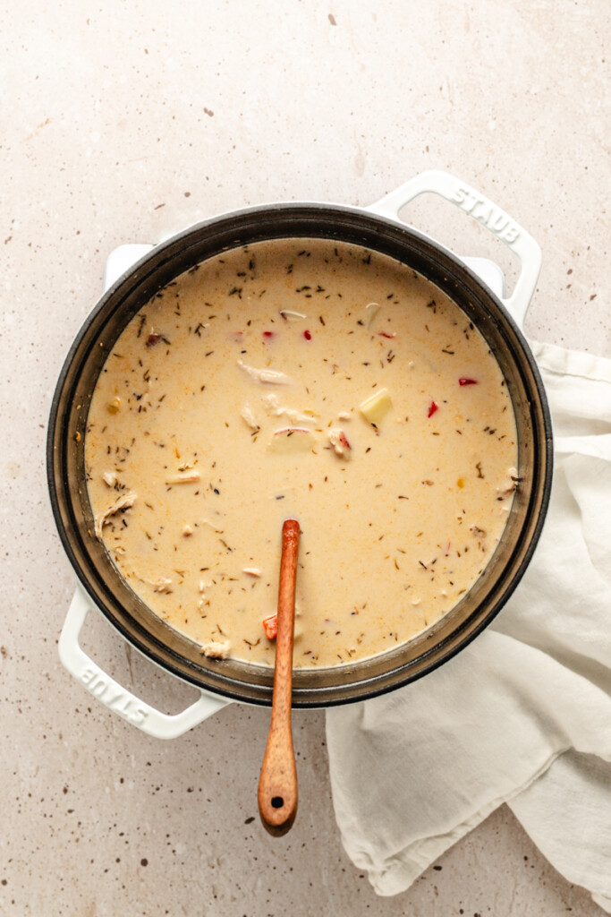 Chicken corn chowder in a stock pot