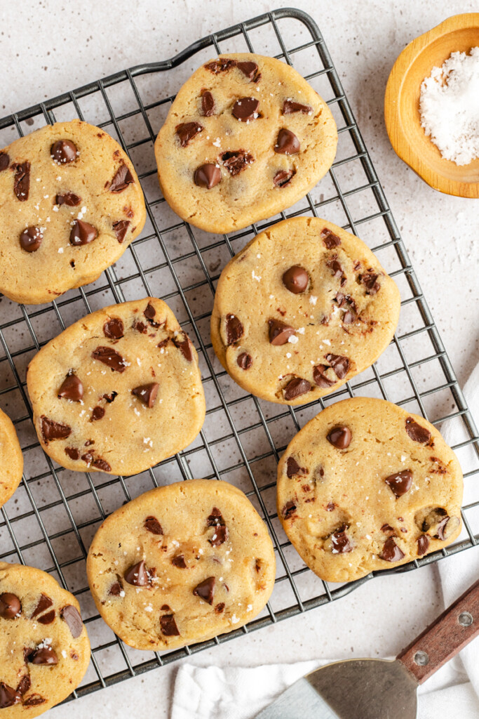 Baked Brown Butter Slice & Bake Chocolate Chip Cookies on a cooling rack