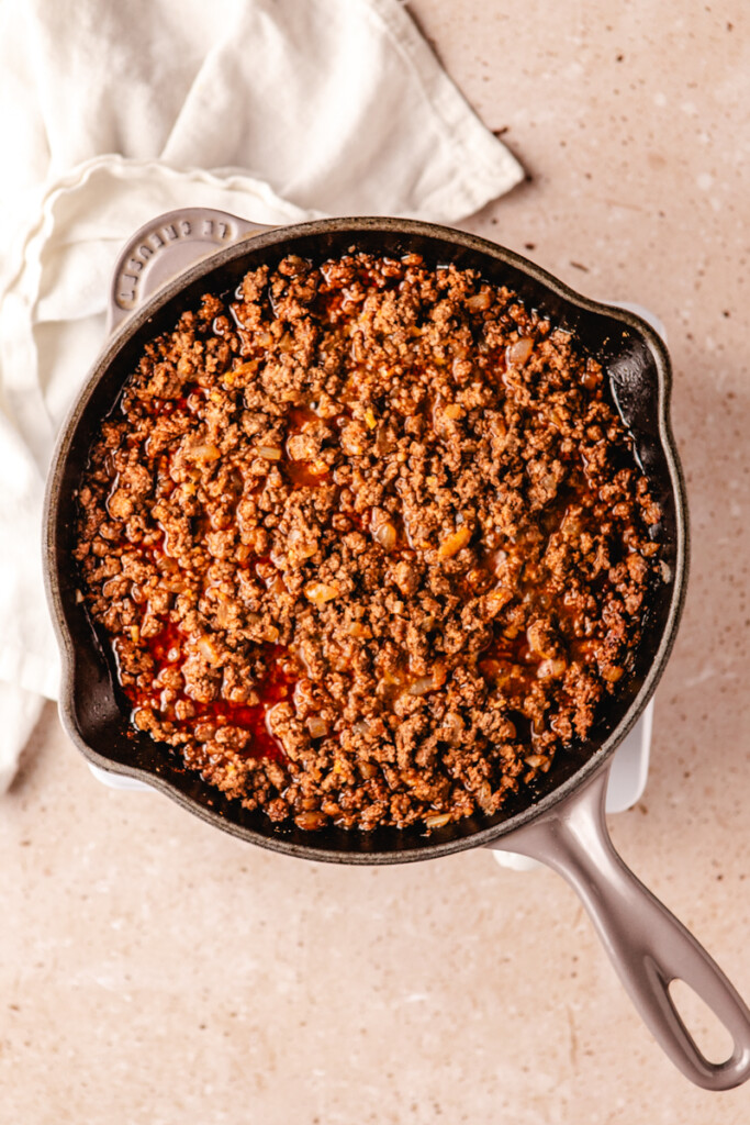 Ground venison taco meat in a skillet