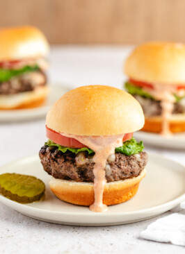 A venison slider burger with burger sauce dripping down the front on a small plate