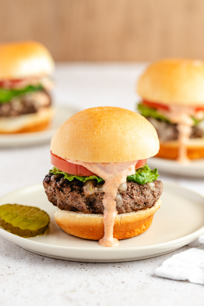 A venison slider burger with burger sauce dripping down the front on a small plate