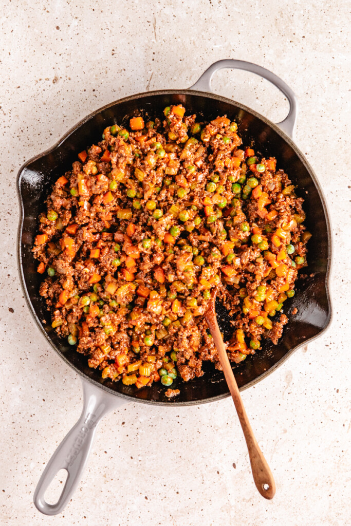 Venison shepherds pie filling in a large skillet
